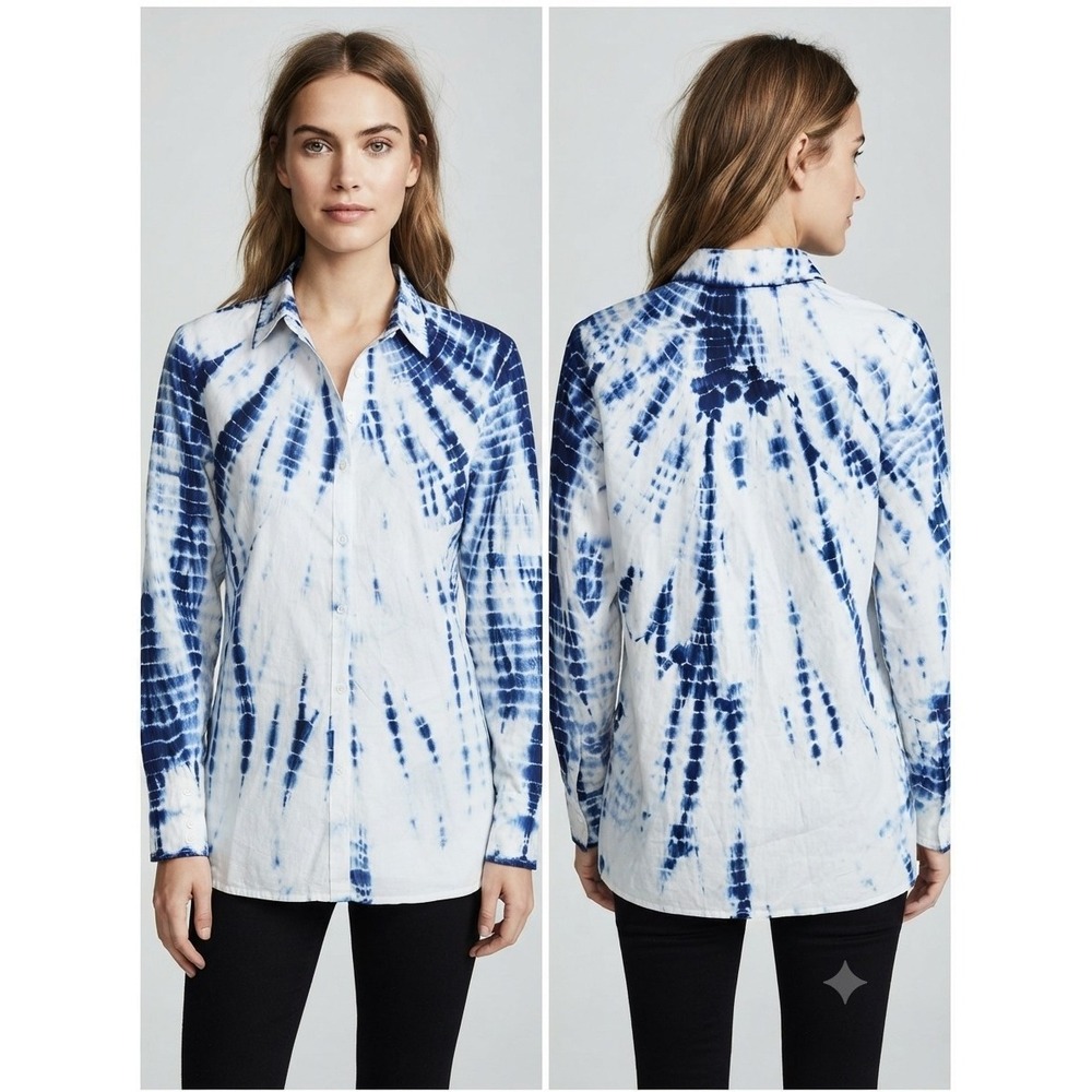 NWT Vintage Goa Blue White Tie Dye Button Shirt 100% Cotton Size L Boho Festival